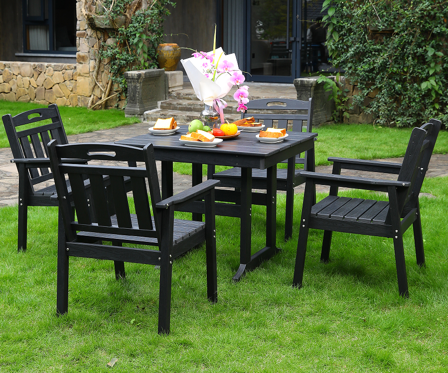 HDPE-Esszimmerstuhl für den Außenbereich, 4 Stühle + quadratischer Tisch, schwarze vertikale Rückenlehne