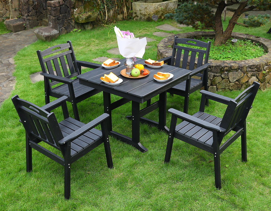 HDPE-Esszimmerstuhl für den Außenbereich, 4 Stühle + quadratischer Tisch, schwarze vertikale Rückenlehne