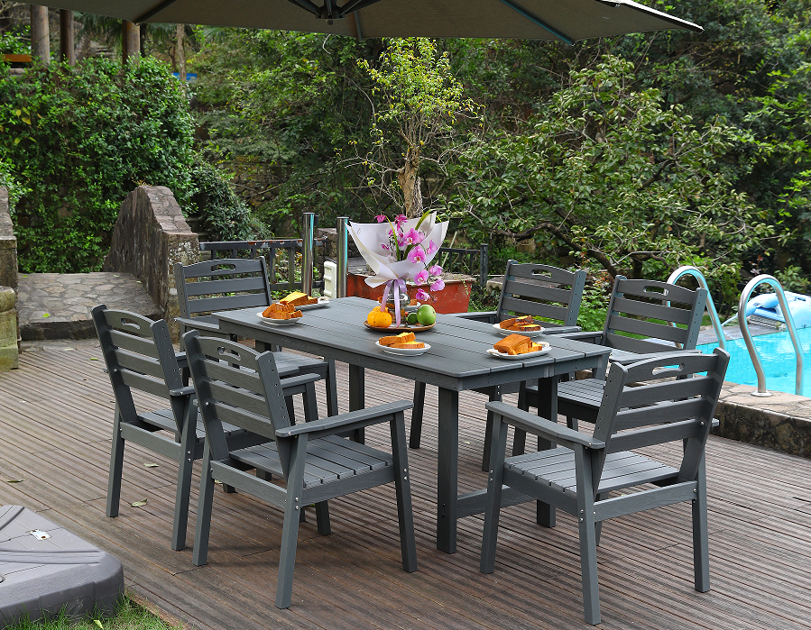 Graues 6-teiliges Outdoor-Essset aus HDPE mit horizontaler Rückenlehne