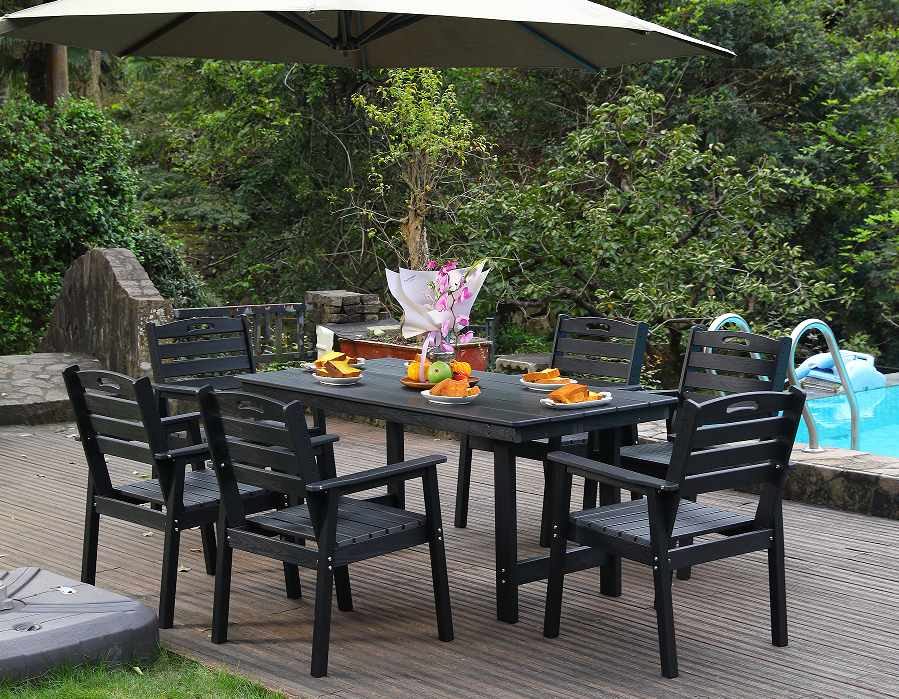 6-teiliges Outdoor-Essset aus schwarzem HDPE mit horizontaler Rückenlehne