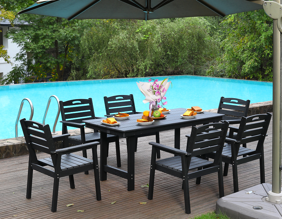6-teiliges Outdoor-Essset aus schwarzem HDPE mit horizontaler Rückenlehne