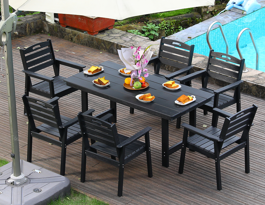 6-teiliges Outdoor-Essset aus schwarzem HDPE mit horizontaler Rückenlehne