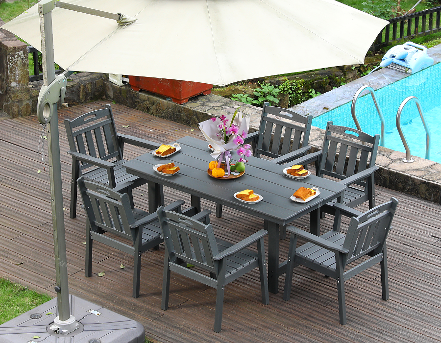 Graues 6-teiliges Outdoor-Essset aus HDPE mit vertikaler Rückenlehne