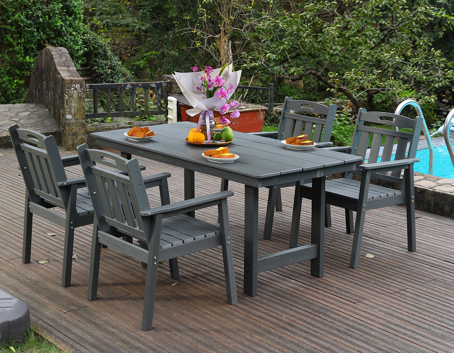 Graues 4-teiliges Outdoor-Essset aus HDPE mit vertikaler Rückenlehne