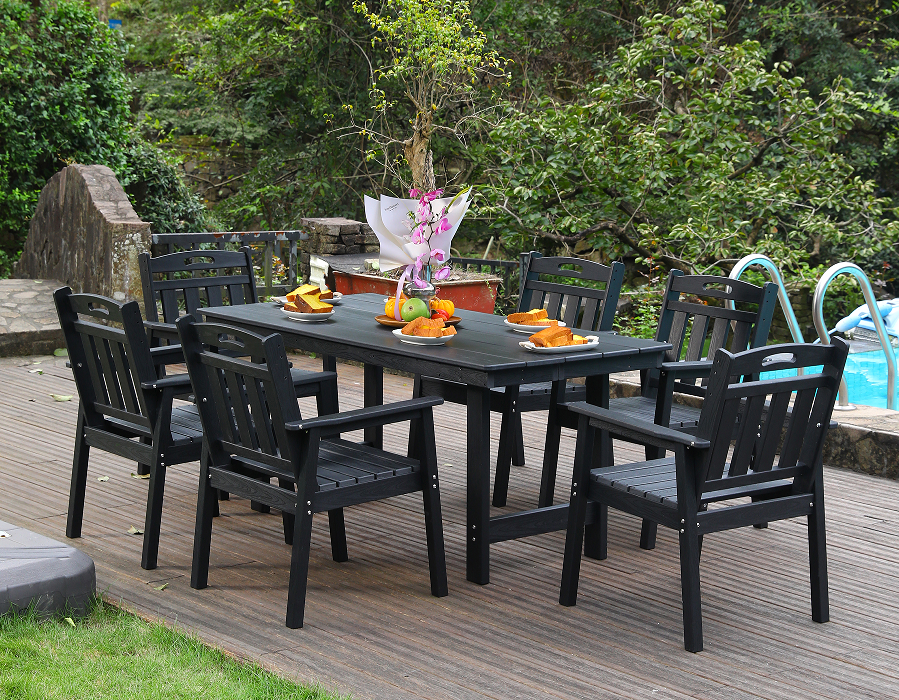 6-teiliges Outdoor-Essset aus schwarzem HDPE mit vertikaler Rückenlehne