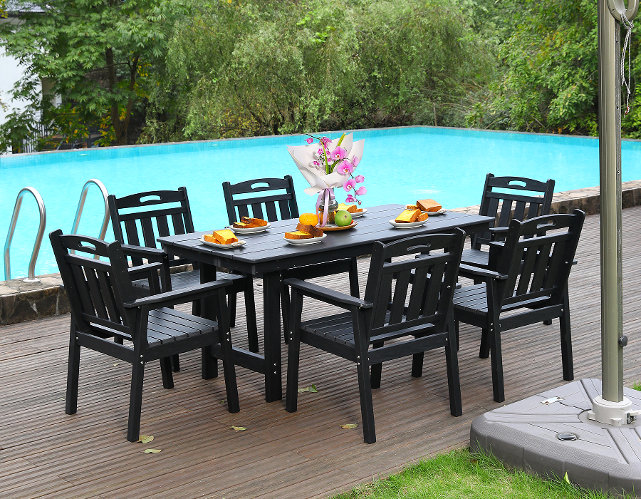 6-teiliges Outdoor-Essset aus schwarzem HDPE mit vertikaler Rückenlehne