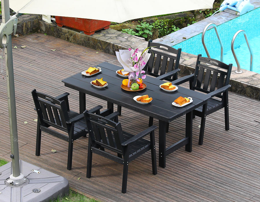 Schwarze 4-teilige Outdoor-Essgruppe aus HDPE mit vertikaler Rückenlehne